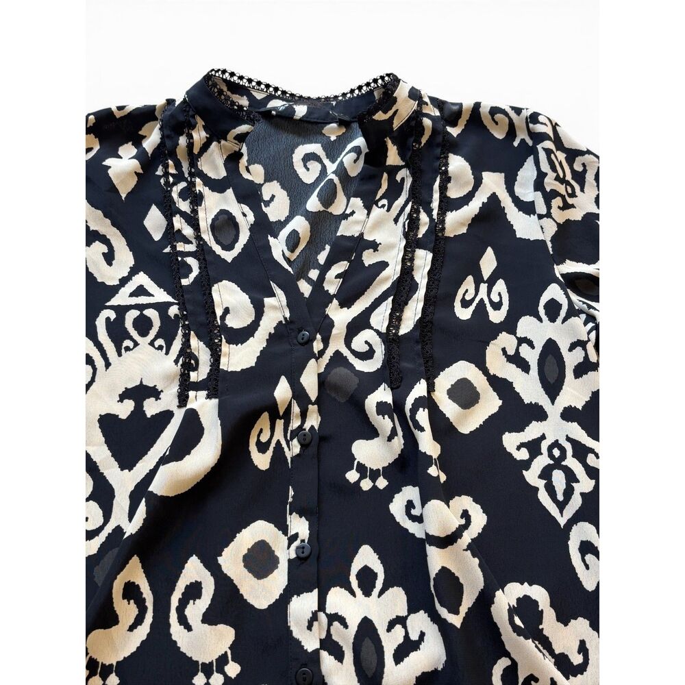 ZARA XS Black Cream Ikat Print Mini Dress Boho Peasant Ruffle Hem - Picture 5 of 10